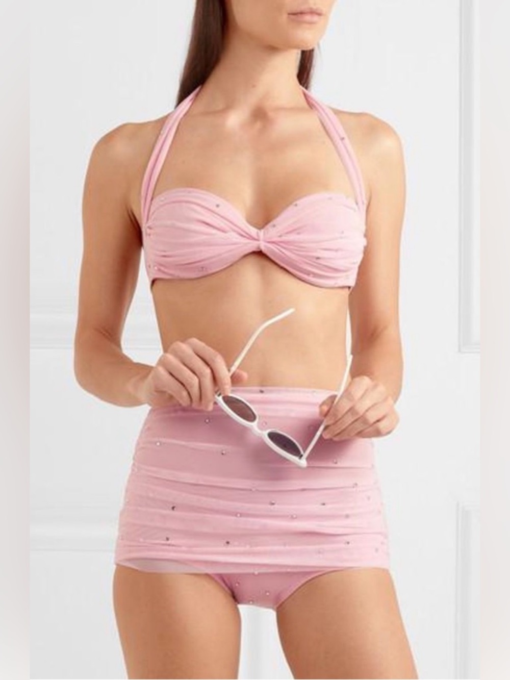 Norma Kamali Pink Ruched Mini Skirt with Crystal Accents